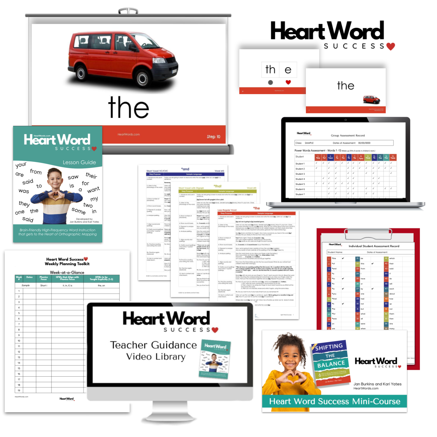 Everything included with Heart Word Success: interactive lessons, Lesson Guide, mapping cards, assessment tools, and video library