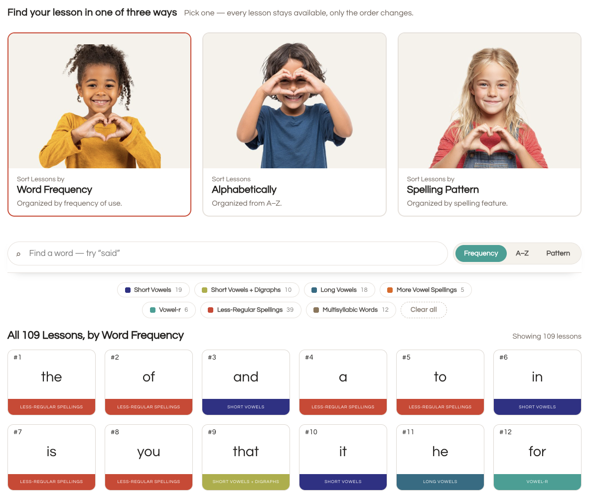 Heart Word Success interactive lesson browser